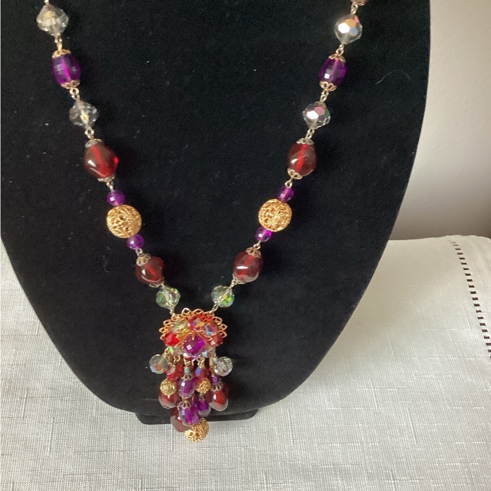 Red and Purple Artisan Necklace with Cluster Pendant